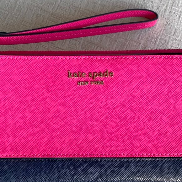 Kate Spade Shocking Pink & Navy Leather Wallet Wristlet - Picture 10 of 11